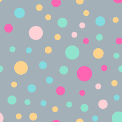 Colorful polka dots seamless pattern on bright 3 background. Charming classic colorful polka dots textile pattern. Seamless scattered confetti fall chaotic decor. Abstract vector illustration.