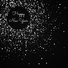 Happy New Year greeting card. Random falling white dots background. Random falling white dots on black background. Beautiful vector illustration.