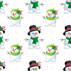 Christmas seamless pattern with the image of snowmen in cartoon style. Vector colorful background