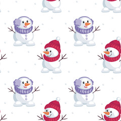 Christmas seamless pattern with the image of snowmen in cartoon style. Vector colorful background