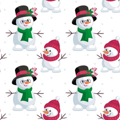 Christmas seamless pattern with the image of snowmen in cartoon style. Vector colorful background