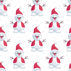 Christmas seamless pattern with the image of snowmen in cartoon style. Vector colorful background