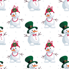 Christmas seamless pattern with the image of snowmen in cartoon style. Vector colorful background