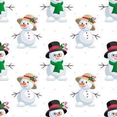 Christmas seamless pattern with the image of snowmen in cartoon style. Vector colorful background