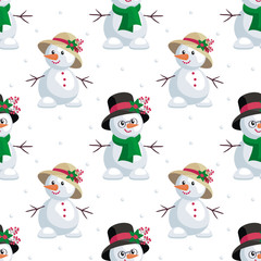 Christmas seamless pattern with the image of snowmen in cartoon style. Vector colorful background