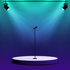 Microphone on round stage scene. Spotlights with light beams on colorful background. Stand up show, performance