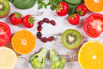 Fruits and vegetables as sources vitamin C, fiber and minerals, strengthening immunity and healthy eating concept