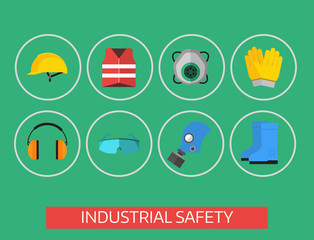 Safety industrial gear tools flat vector illustration body protection worker equipment factory engineer clothing.