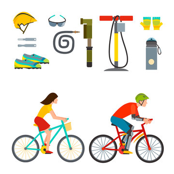 Active casual transportation accessories biking sport equipment lifestyle cycling flat vector bicycle equipment illustration.