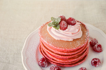 Red velvet pancakes breakfast with Christmas decoration