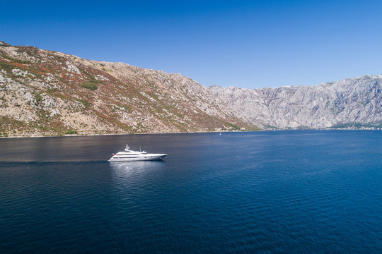 White yacht in Kotor Bay, Montenegro