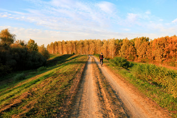 Fototapeta na wymiar Cycling, mountain bikeing woman on cycle trail in autumn forest.