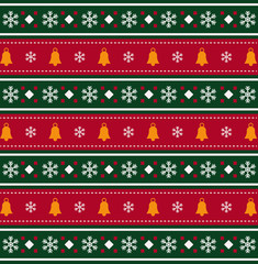Christmas bells and snow flakes pattern on red and green striped background. Christmas background, vector illustration.