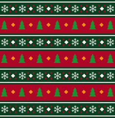Cute Christmas pattern with Christmas trees and snow flakes on striped red and green background. Vector illustration.