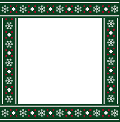 Cute Christmas frame with Christmas snow flakes pattern on green background. Vector illustration, template, border.