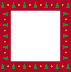 Cute Christmas frame with Christmas trees pattern on red background. Vector illustration, template, border.