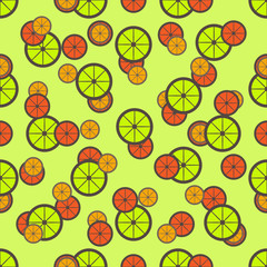 Seamless pattern with pieces of lemon, grapefruit and orange on a yellow background. Vector swatch