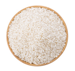 Japanese rice in a wooden bowl Top view