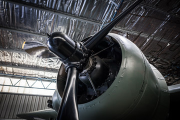 Old aircraft propeller engine closeup.