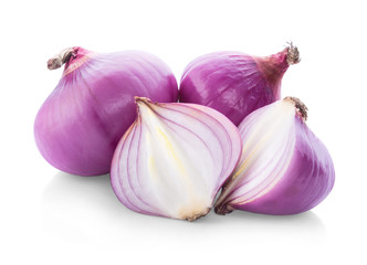 Slices of shallot onions for cooking on white background.