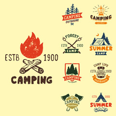 Naklejka premium Set of vintage woods camp badges and travel logo hand drawn emblems nature mountain camp outdoor vector illustration.