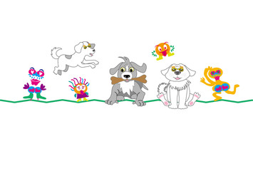 ポップな犬たちのイラストのメッセージカード　白背景