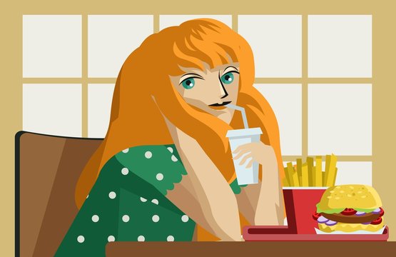 beautiful girl eating fast food and soda