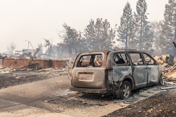 Fototapeta na wymiar Wildfire burning across several counties in Northern California. Massive Destruction. Sonoma County, California, United States, Monday, 9th October, 2017. Devistation throughout county.