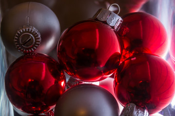 Macro of Silver and Red Christmas Ornaments