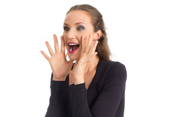 Cheerful woman screams. She has green eyes. Isolated on white background..