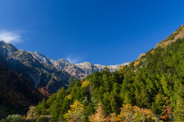 Early fall foliage autumn colors in Japanese Alps Shinhotaka,  Japan
