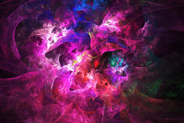 Abstract colorful chaotic swirly shapes on black background. Fantasy pink, red and blue fractal texture. 3D rendering.