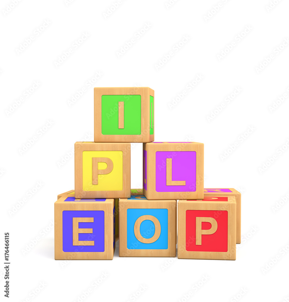 Poster 3d rendering of colorful toy blocks with different english letters isolated on a white background.