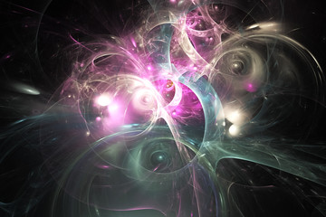 Abstract glowing green, pink and beige shapes on black background. Fantasy colorful chaotic fractal texture. 3D rendering.