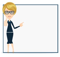 Businesswoman preparing a presentation. Woman pointing to the placard . Vector, Illustration, Flat