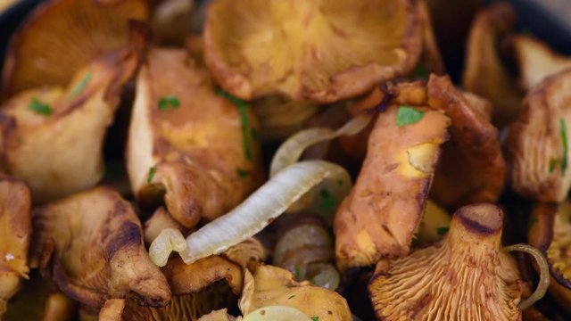 Rotating pan with fried Chanterelles (not loopable) as 4K UHD footage