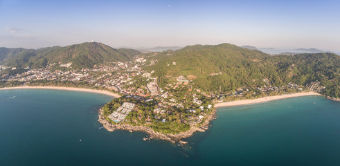 Obraz premium High Aerial Panorama Over Kata And Kata Noi Beaches And Headland, Phuket, Thailand