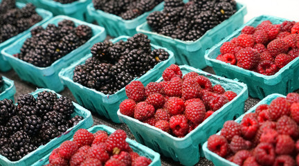 Fresh raspberry and blackberry in the container box