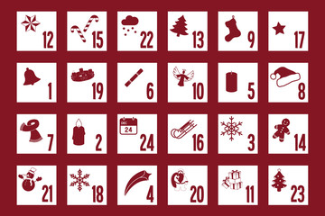 Adventskalender rot mit Symbolen auf den Türchen