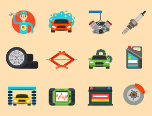 Auto car repair service symbols isolated shop worker maintenance transportation automotive mechanic vector illustration.
