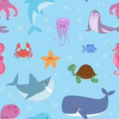 Sea animals illustration tropical character wildlife marine aquatic fishes sealess pattern vector background