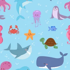 Behang Zeedieren illustratie tropisch karakter dieren in het wild mariene aquatische vissen zeeloze patroon vector background © partyvector