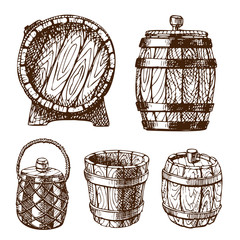 Wooden barrel vintage old hand drawn sketch storage container liquid beverage fermenting distillery cargo drum lager vector illustration.