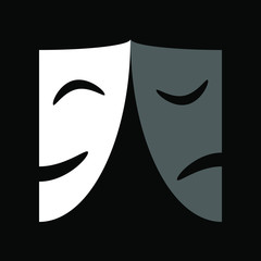 Theatrical masks graphic icon. Masks theatrical isolated sign on black background. Vector illustration