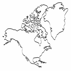 North America map outline graphic freehand drawing on white background. Vector illustration.