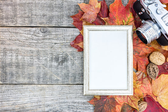 old classic camera and photo frame on grunge wooden background with colorful dried autumn leaves