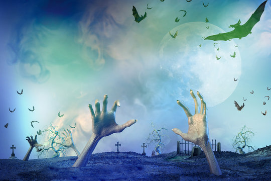 
3D Illustration of zombie hand sticking out of the ground Halloween background