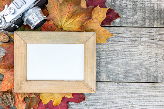 autumn colorful dry maple leaves with empty photo frame and classic camera on old wooden table background
