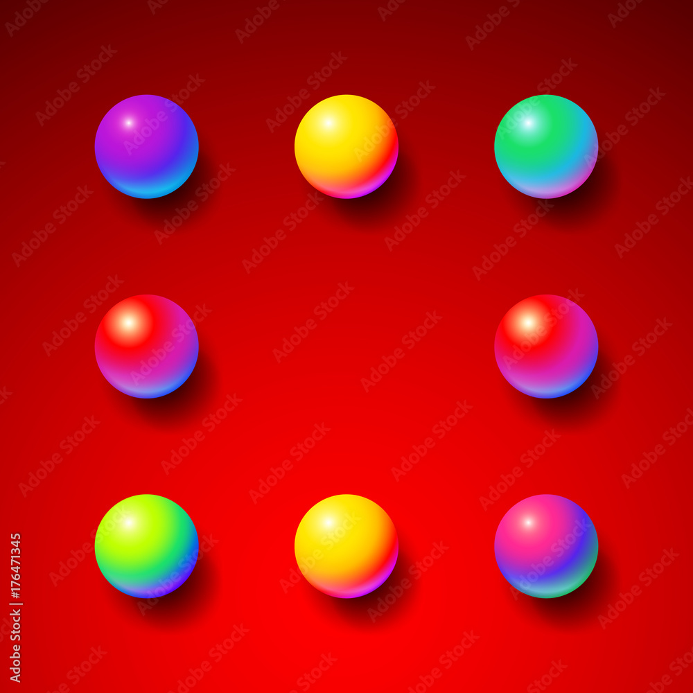 Poster abstract background frame with shiny memphis acid colored balls over red hot backdrop