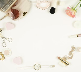 woman trendy fashion accessories and cosmetics arrangement on white background. flat lay, top view.copy space